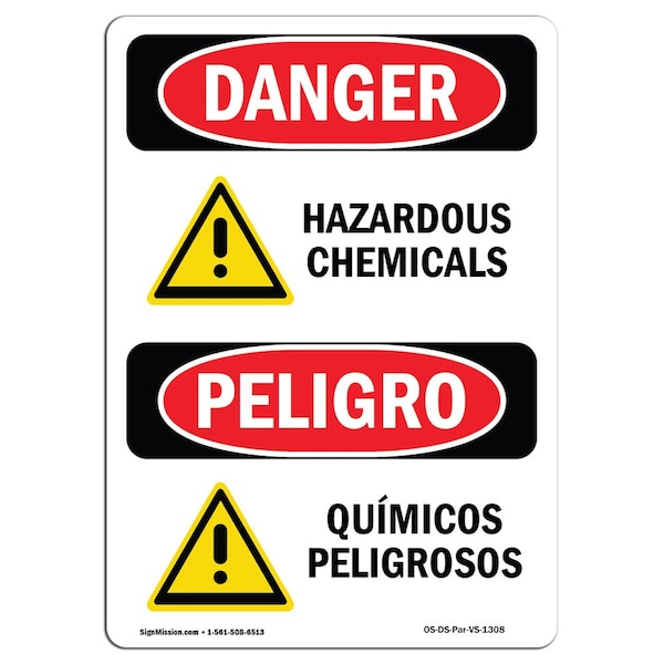 Safety Sign, OSHA Danger, 5" Height, Hazardous Chemicals Bilingual Spanish, 10PK